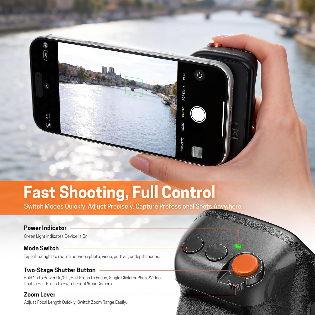 Magnetic Phone Camera Grip, Smartphone Holder Selfie Handle Snap with Wireless USB Remote Control & 1/4” Screw Mount, Camera Stabilizer for Iphone & Android Cellphone Selfie Vlog Video Live
